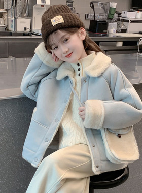 韩式女童羊羔毛翻领外套冬季加厚保暖中大童蓝色上衣