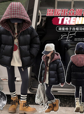 女童黑色连帽羽绒服2025新款加厚保暖初中生面包服外套