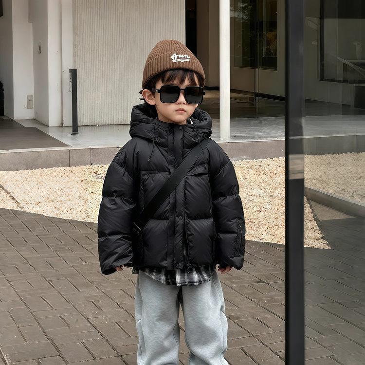 儿童羽绒服男女童加厚连帽面包服黑色韩版抗冻外套冬装