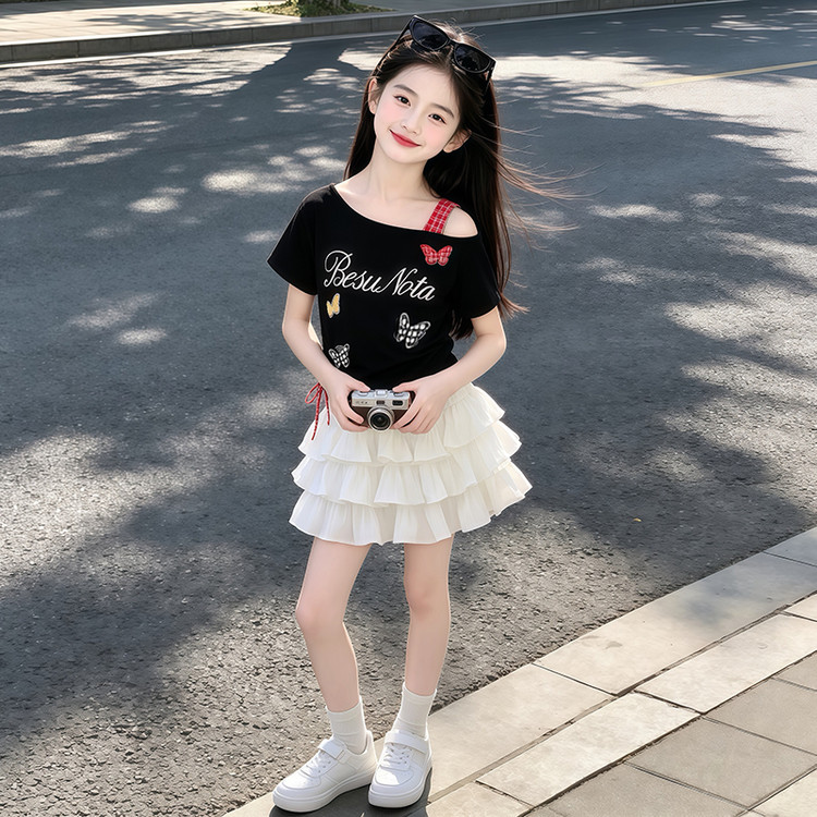 夏季纯棉女童露肩蛋糕裙两件套