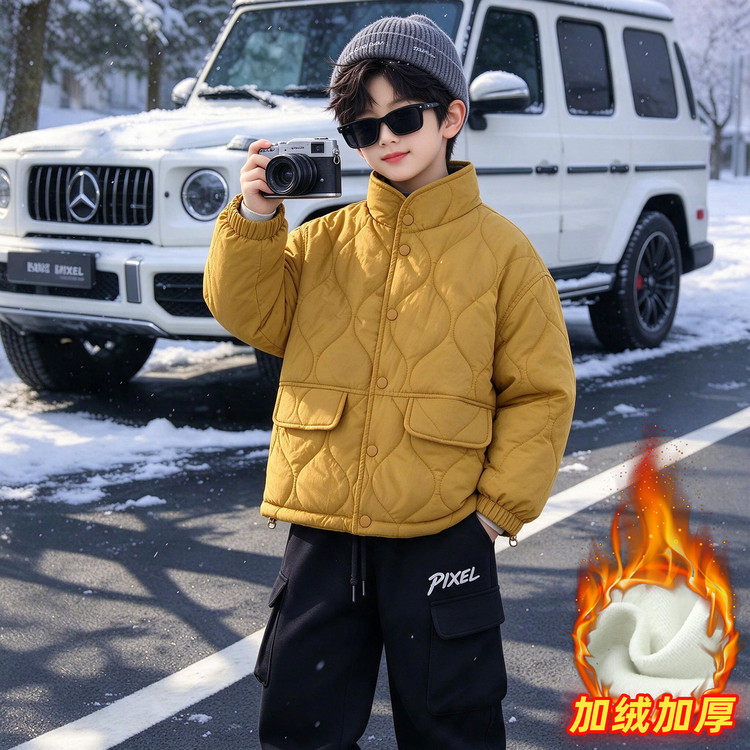 男女童加绒加厚立领菱格棉服