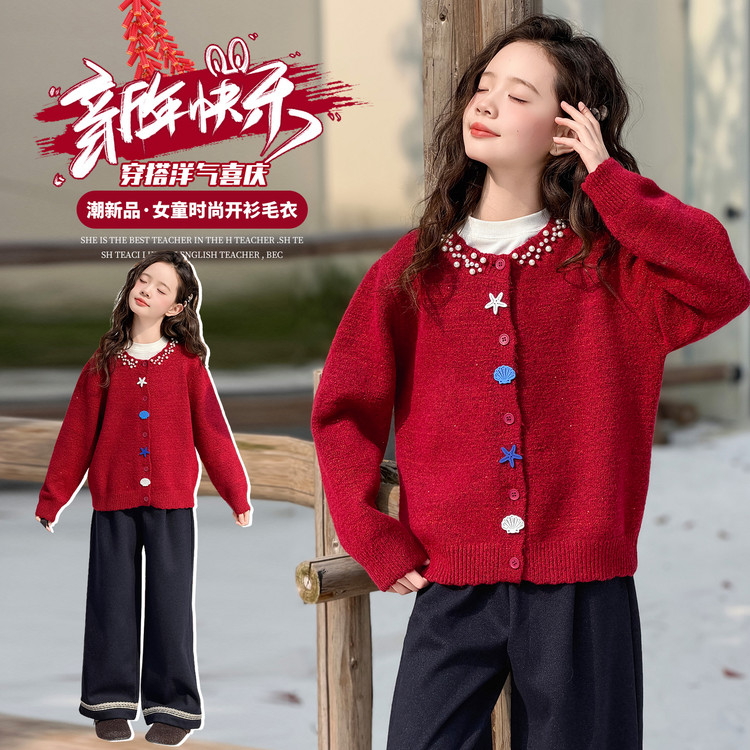 温柔少女风红色圆领针织开衫