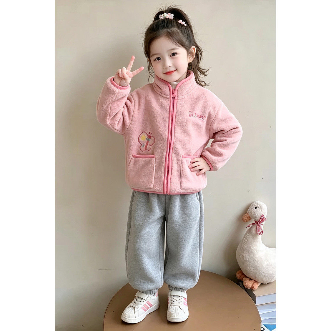 女童粉色羊羔毛加厚保暖拉链外套