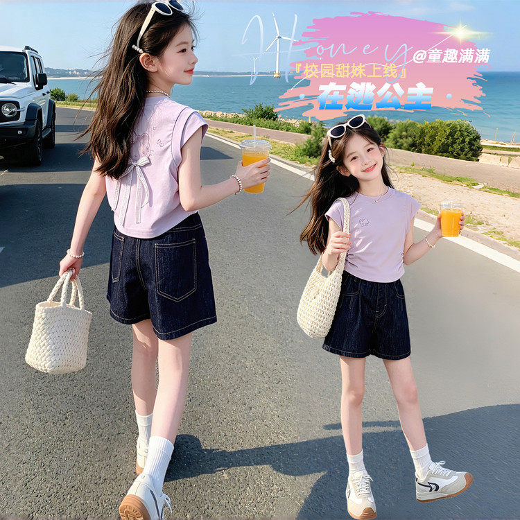 女童夏季韩版镂空KT牛仔两件套