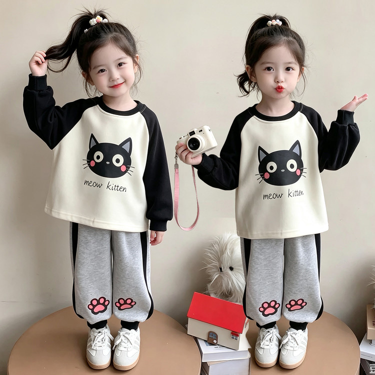 女童春秋猫咪拼色卫衣两件套