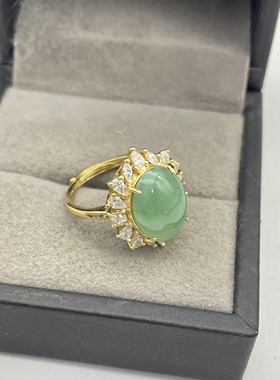 纯银镀金天然缅甸A货翡翠开口戒指孤品高品质冰果绿宝石5.73克拉