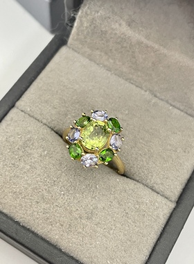 纯银镀铂金天然绿碧玺透辉石托帕石开口戒指宝石级全净体4.86克拉