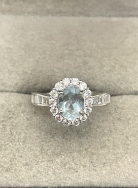 出口日本纯银镀铂金天然海蓝宝开口戒指孤品镶金品质1.76克拉