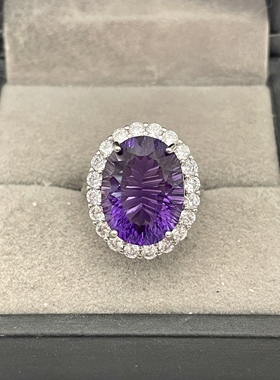 纯银镀铂金天然乌拉圭浓郁帝王紫水晶开口戒指全净体11.28克拉