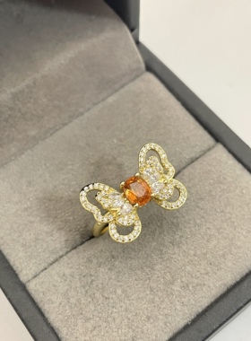 出口日本纯银镀金天然芬达石开口戒指孤品镶金品质全净体0.87克拉