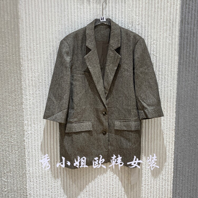 欧洲站2026秋新款七分袖西装外套女翻领两粒扣百搭通勤职业装3019