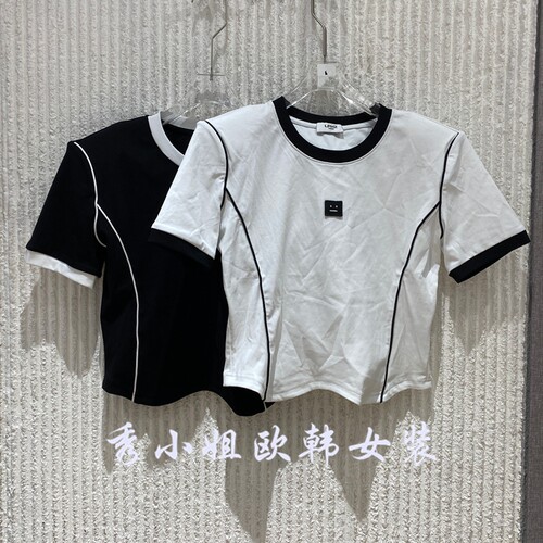 欧洲站2026夏季新款撞色圆领收腰时尚百搭短款短袖T恤上衣女1116