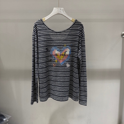 欧洲站2026春季新款条纹爱心印花长袖T恤女宽松纯棉上衣