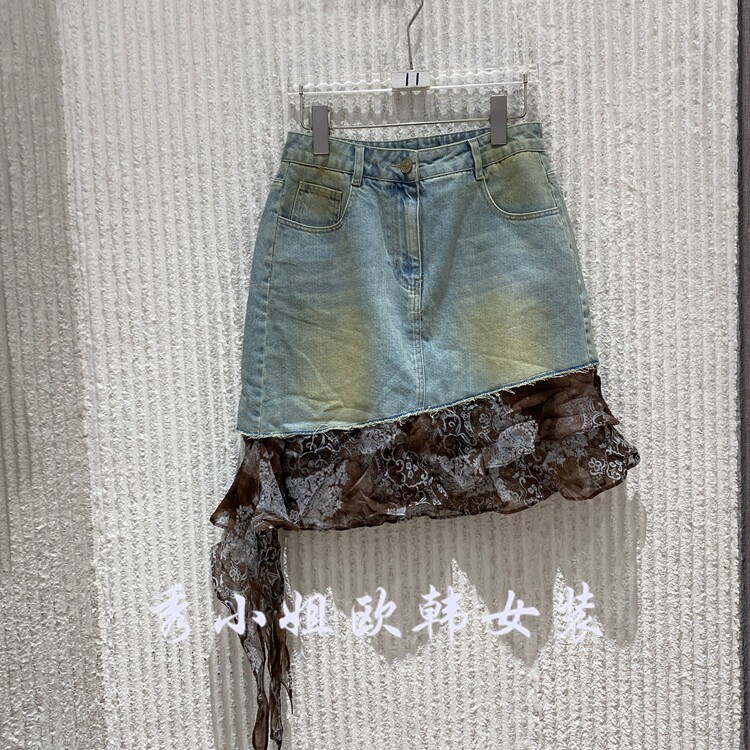 欧洲站2026夏新款欧美风拼蕾丝牛仔半身裙女短裙时尚个性下装3083