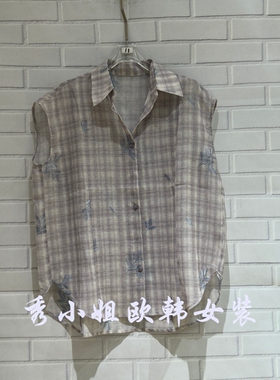 欧洲站2026夏季新款格纹无袖衬衫单排扣翻领宽松百搭衬衫女3033