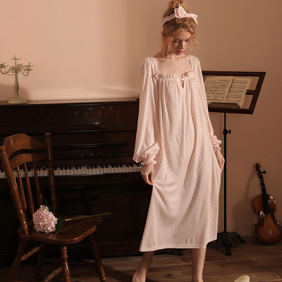 甜美碎花针织棉大方领长袖睡裙