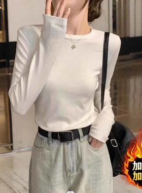 秋冬新款德绒打底衫女内搭加厚保暖百搭修身正肩圆领长袖t恤上衣