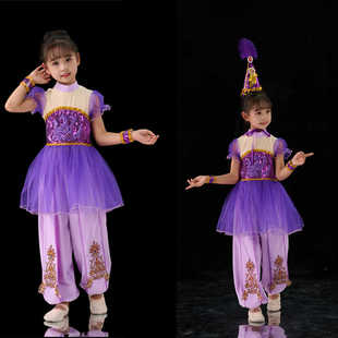新款儿童新疆舞演出服西夏鼓娃维吾尔族少儿腰鼓舞台表演蓬蓬纱裙