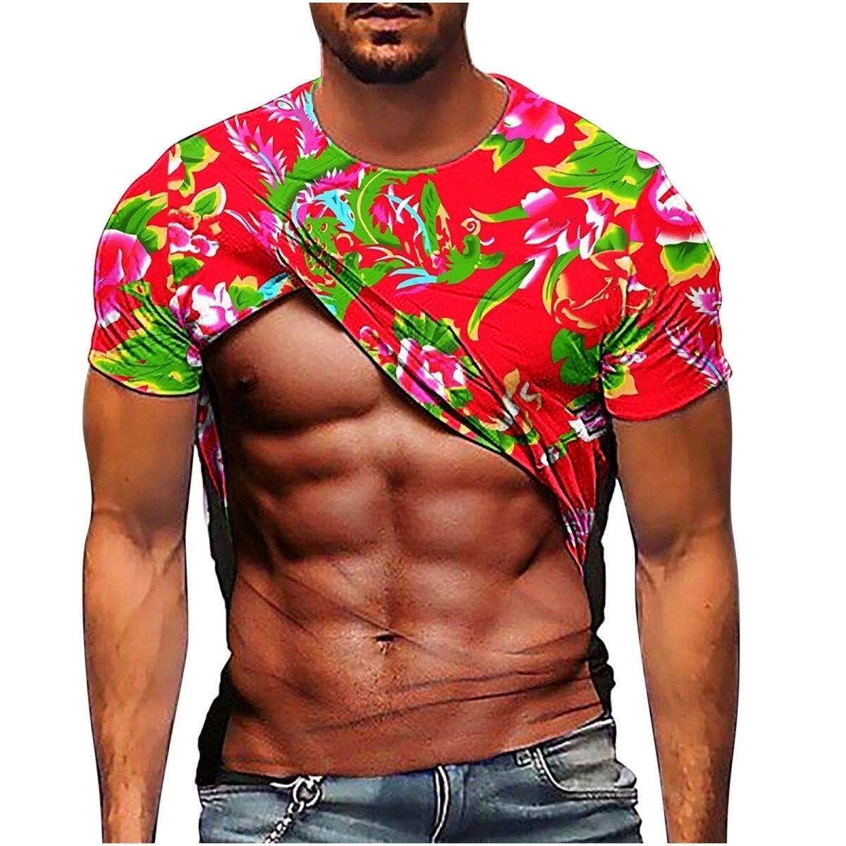 夏季爆款东北大花肌肉图案3d数码印花多巴胺潮流男女圆领短袖