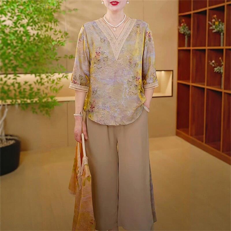 时尚妈妈夏装两件式休闲V领拼接设计感中袖T恤上衣I直筒裤两件套