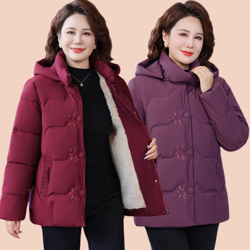 妈妈装冬季款加绒加厚连帽棉服女中老年人奶奶装洋气保暖棉衣外套