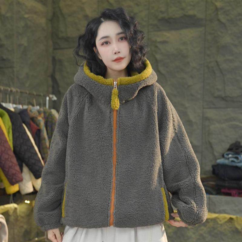 2025冬季新款加绒加厚麦穗绒棉衣女时尚休闲宽松百搭连帽撞色外套,女装/女士精品,棉衣/棉服,淘宝优惠券,粉丝福利购,淘宝优惠卷