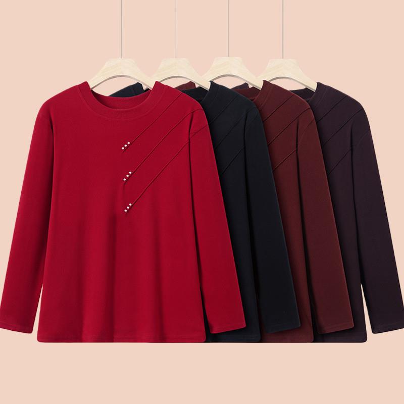 奶奶装秋冬休闲圆领长袖打底T恤衫女中老年妈妈装宽松加大码上衣