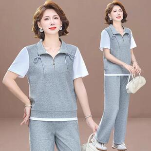 短袖 年轻妈妈夏装 中年女士夏季 2025新款 T恤两件套 休闲运动服套装