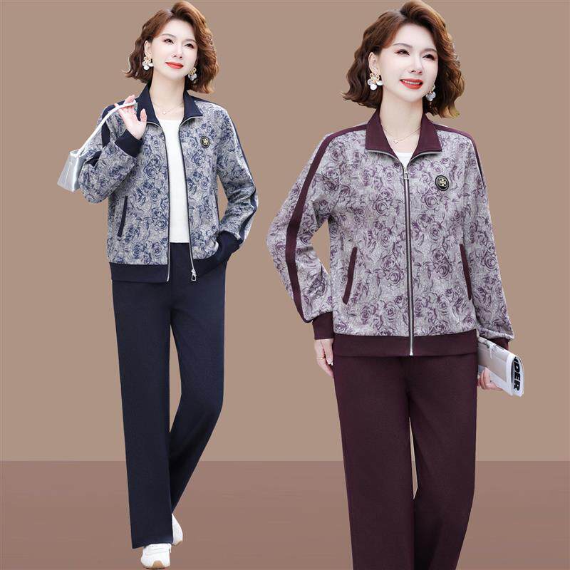 中老年运动套装女春秋新款50奶奶春装上衣休闲两件套中年女士外衣