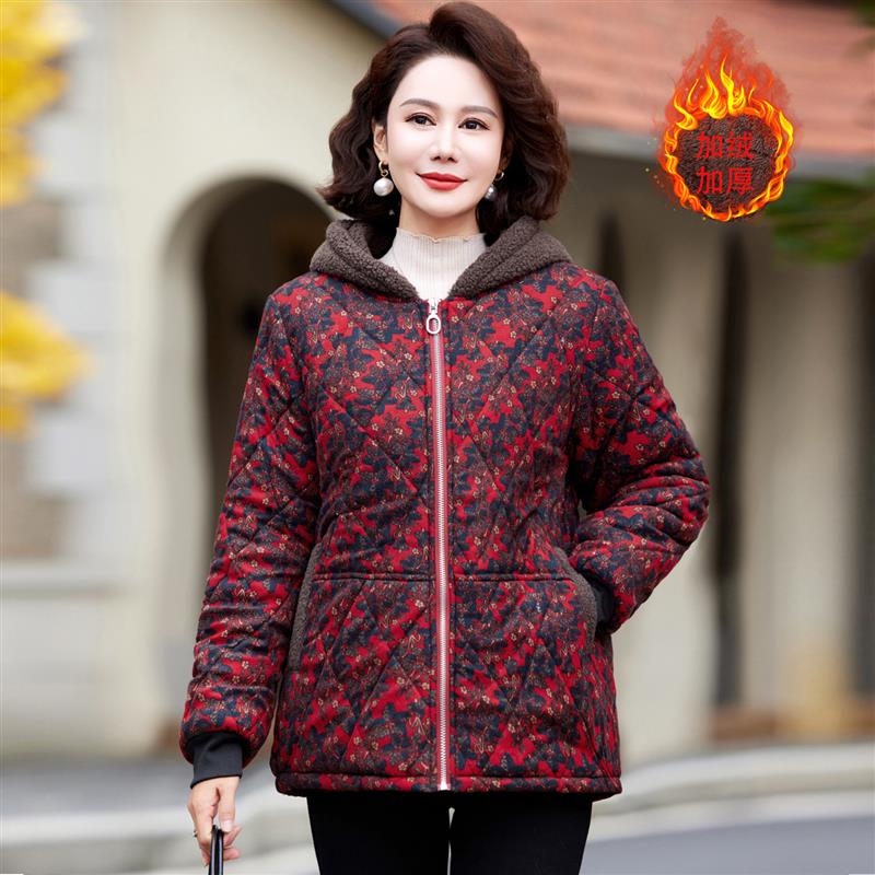 中老年女棉袄冬装连帽碎花棉服加绒加厚保暖宽松妈妈短款棉衣外套