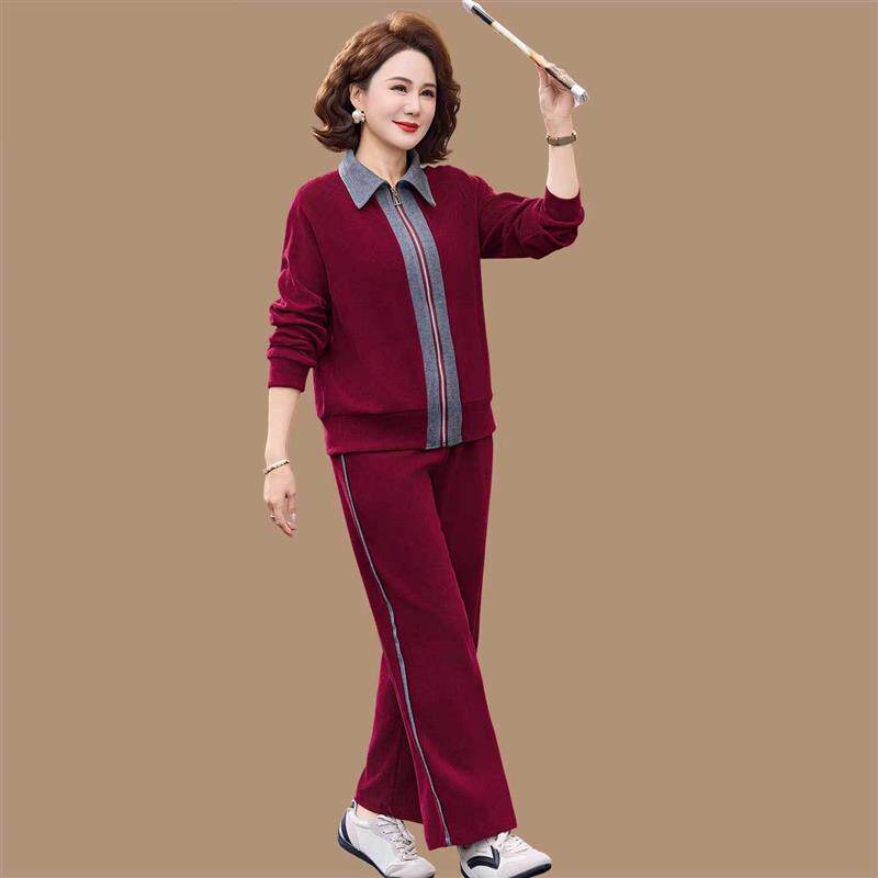 中年妈妈春秋装翻领短款外套中老年女装休闲加肥加大码运动服套装