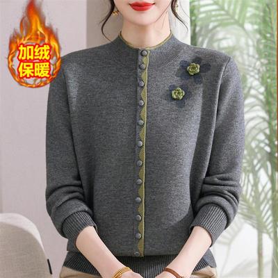 妈妈装秋冬加绒毛衣女士打底衫50岁中老年大码上衣加厚保暖羊毛衫