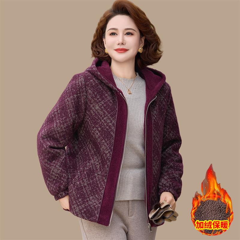 妈妈冬装外套洋气短款加绒上衣中老年女冬季加厚毛呢仿水貂绒大衣