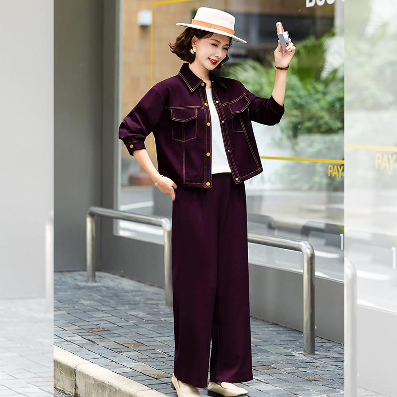 中老年女装休闲风牛仔色外套直筒裤两件套中年妈妈装洋气减龄套装