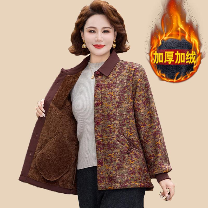 2025冬季新款翻领复古碎花加绒长袖休闲中老年妈妈棉服女装外套