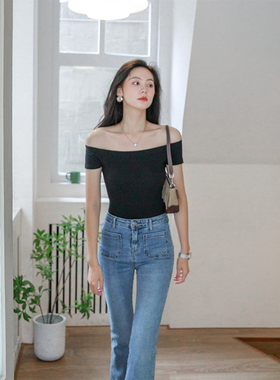 万能搭配 小性感的露肩穿搭 一字肩纯欲黑色露肩T恤针织上衣