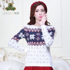 春秋新品女装森女气质打底针织衫马海毛雪花宽松圆领套头加厚毛衣