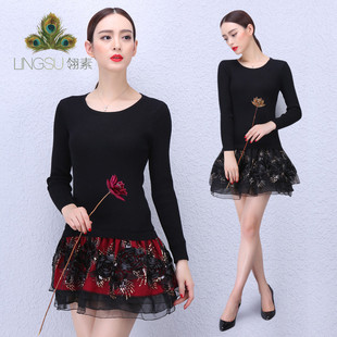 连衣裙长袖 韩版 立体花朵针织蕾丝拼接打底毛衣蓬蓬裙 时尚 秋冬新款