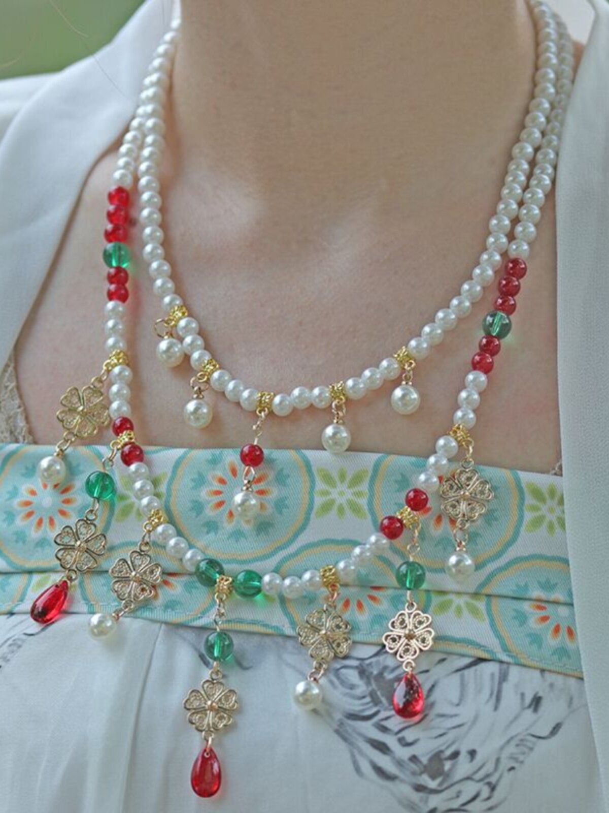 골동품 한복 목걸이 모조 진주 긴 목걸이 구름 등 술 술 밝은 점 에메랄드 녹색 구슬 치파오 액세서리