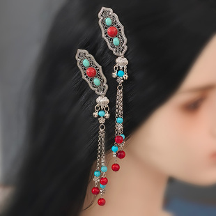 新中式古银松石铃铛流苏发夹民族风侧边家复古高级感精致发饰头饰
