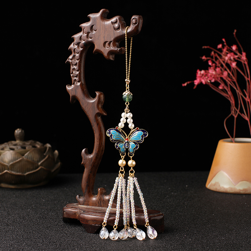 蝴蝶原创中国风烧蓝压襟茶服珍珠