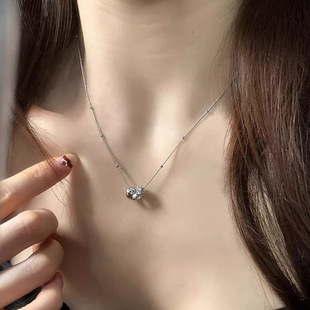 简约纯银锆石双圈闪钻项链女高级感百搭轻奢小众设计感毛衣链 韩版
