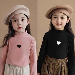 韩版新款女童德绒半高领打底衫秋冬加厚爱心图案洋气内搭保暖上衣