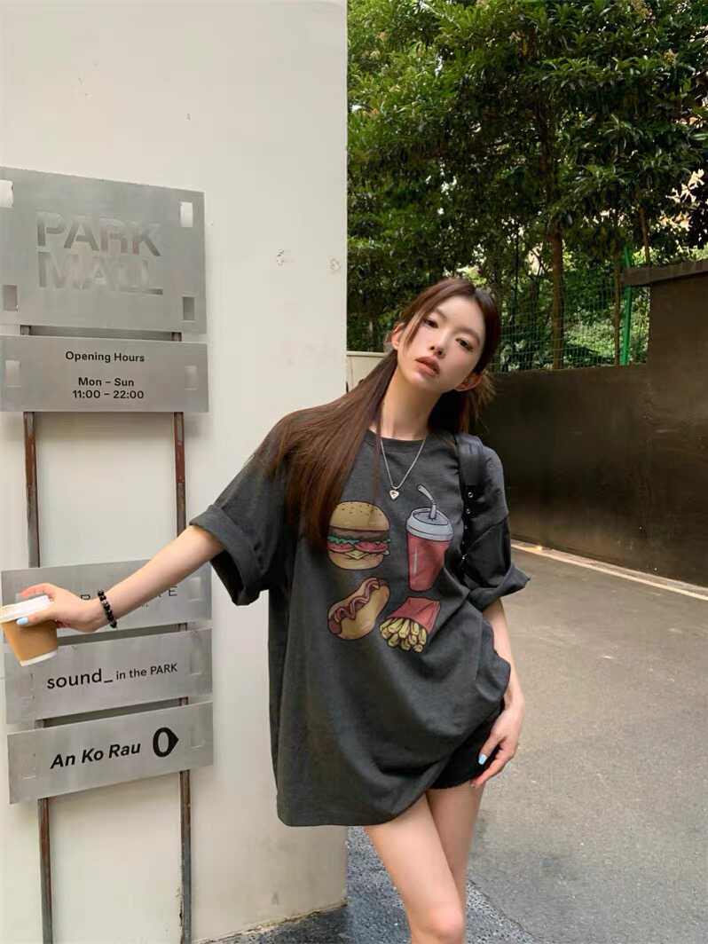 印花深灰色短袖t恤女夏宽松显瘦慵懒风复古休闲体恤下衣失踪上衣