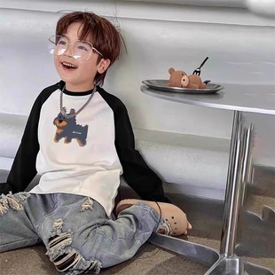 小中大童打底衫 2025新款 t恤春秋装 男童纯棉长袖 儿童上衣内搭 拼袖