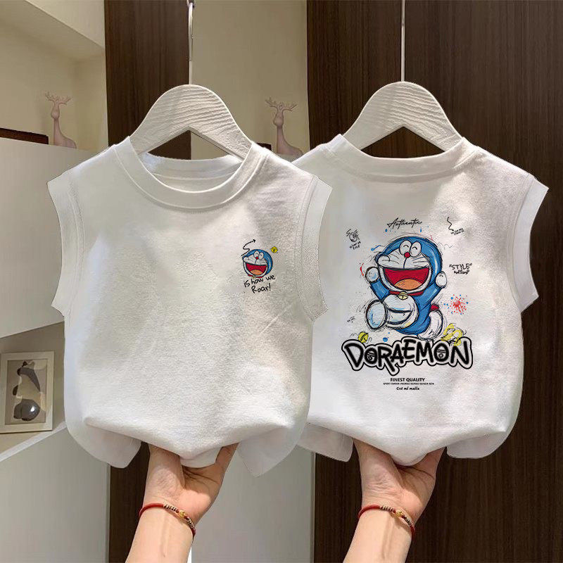 卡通风哆啦A梦坎肩纯棉背心T恤男女童夏季圆领宽松百搭无袖上衣