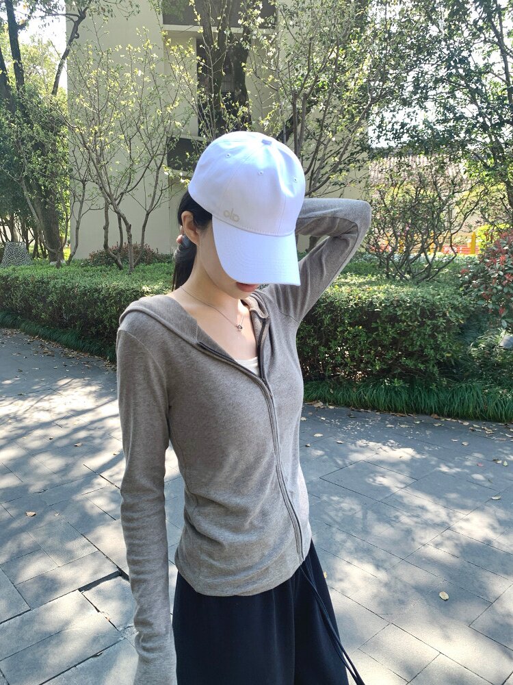 灰色连帽修身短款防晒空调罩衫上衣拉链开衫外套女卫衣春夏季薄款