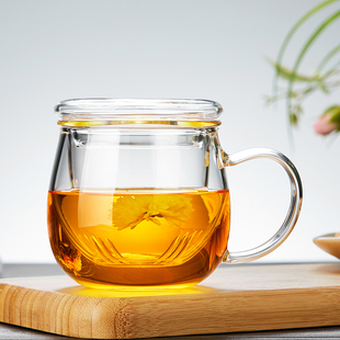 带盖办公喝水花茶家用泡茶杯 玻璃杯带把手耐高温茶水分离透明新款