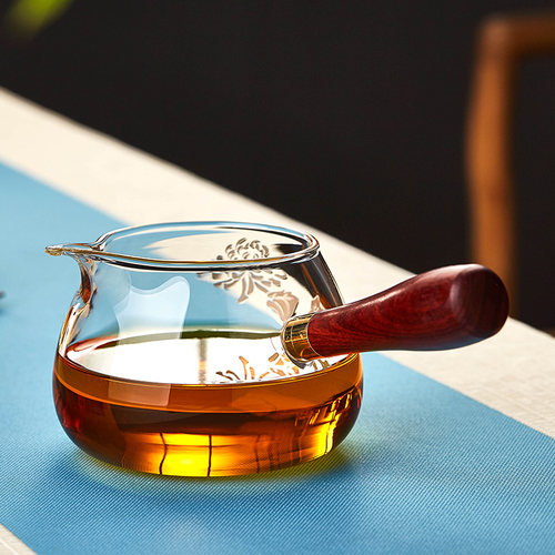 玻璃公道杯套装一体单个木把茶具