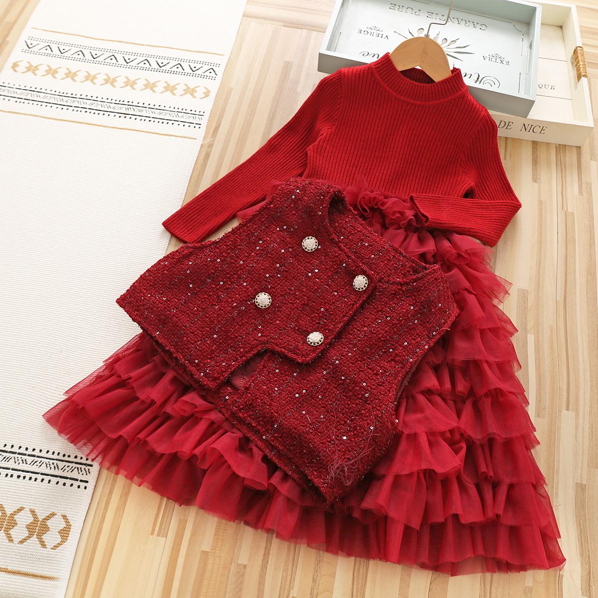 女童秋冬毛衣裙小女孩蓬蓬网纱裙连衣裙女宝新年裙公主裙生日礼服